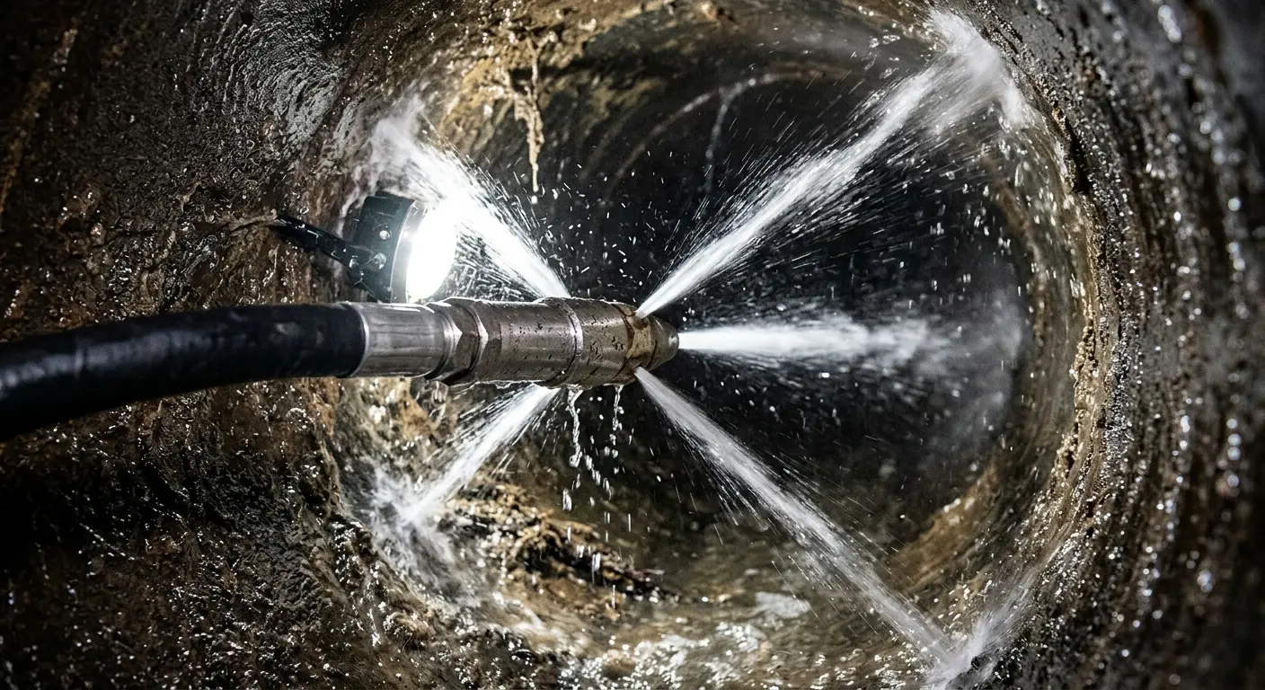 High-pressure hydro jetting nozzle cleaning sewer pipe for Emergency Drain Service in Solvay