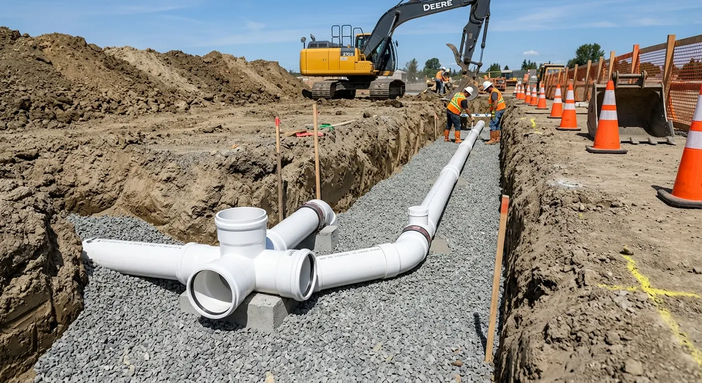 New PVC sewer pipe installation in open trench for Grease Trap Cleaning in Solvay