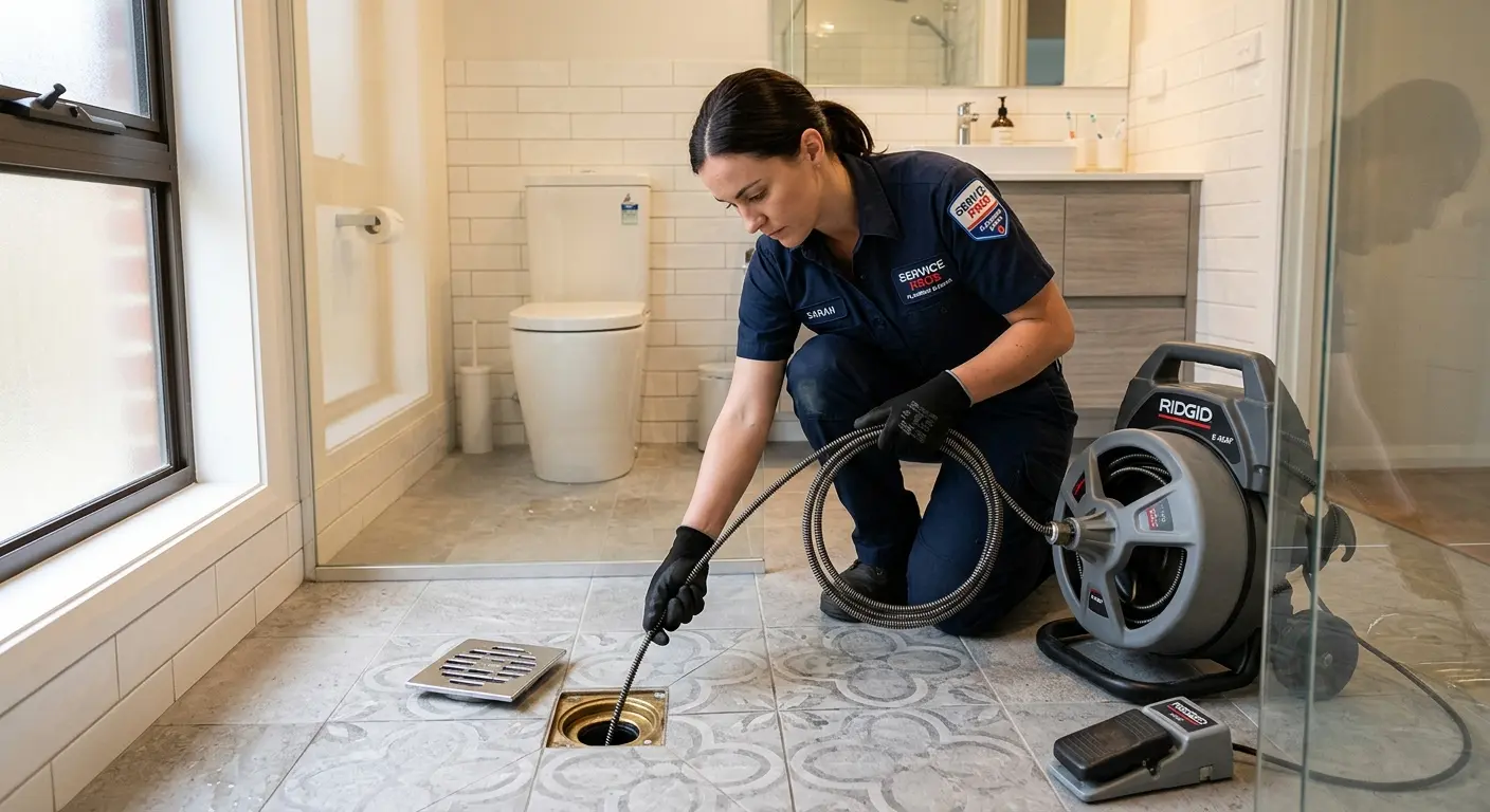 Technician clearing a bathroom floor drain for Hydro Jetting in Solvay